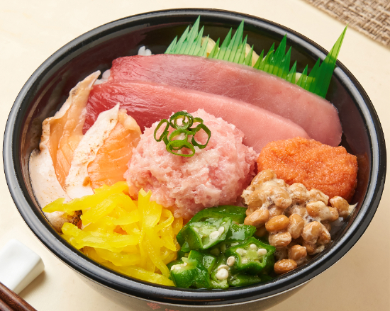 まぐろ/焼きハラス/たくあん/いかオクラ/納豆/明太子/ねぎとろ